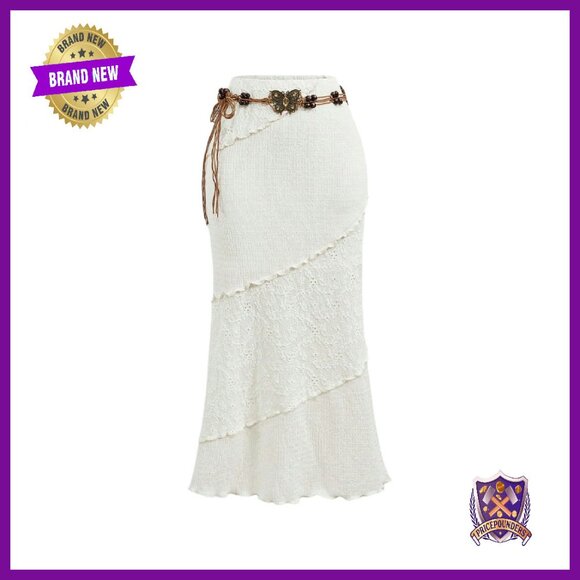 Y2K Boho Bodycon Midi Skirt with Belt, Crochet Knit, Lettuce Trim